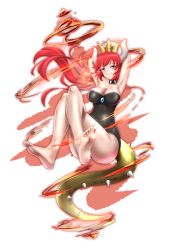 Rule 34 | 1girl, absurdres, alternate hair color, armpits, arms behind head, arms up, bare shoulders, blue eyes, blue gemstone, blush, bowsette, bracelet, breasts, cleavage, collar, crown, dress, earrings, from side, full body, gem, highres, horns, invisible chair, jewelry, large breasts, leotard, long hair, looking at viewer, mario (series), new super mario bros. u deluxe, nintendo, p ion, parted bangs, pointy ears, ponytail, red eyes, sharp teeth, shell, sitting, solo, spiked bracelet, spiked collar, spikes, super crown, tail, teeth, thighs, transparent background, wide hips