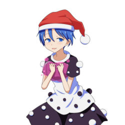 Rule 34 | 1girl, blob, blue eyes, blue hair, cato (monocatienus), doremy sweet, dress, hat, leaning forward, looking at viewer, matching hair/eyes, nightcap, hugging object, parted lips, pom pom (clothes), short hair, short sleeves, simple background, smile, solo, touhou, white background