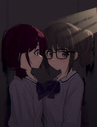 2girls blue_bow blue_bowtie blue_eyes blue_shirt blush bow bowtie brown_hair chinese_commentary closed_mouth commentary_request girls_band_cry glasses grey_eyes grey_hair hair_between_eyes highres hina_(girls_band_cry) in_locker iseri_nina looking_at_another low_twintails multiple_girls shirt short_hair short_twintails sidelocks sweatdrop twintails upper_body wavy_mouth yun_cao_bing yuri