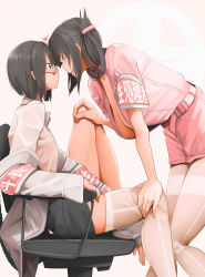 Rule 34 | 2girls, assertive female, black hair, bob cut, breasts, chair, cleavage, doctor, forehead-to-forehead, genek, green eyes, hand on another&#039;s leg, heads together, kneehighs, large breasts, long hair, multiple girls, nurse, one side up, open clothes, open shirt, original, over-kneehighs, pantyhose, profile, red-framed eyewear, red eyes, short hair, simple background, sitting, socks, thighhighs, thighs, white legwear, yuri, zettai ryouiki