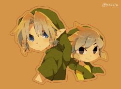 Rule 34 | 2boys, artist name, blue eyes, brown background, closed mouth, green headwear, green shirt, link, looking at viewer, multiple boys, nintendo, pointy ears, shirt, simple background, smile, the legend of zelda, the legend of zelda: ocarina of time, the legend of zelda: the wind waker, tokuura, toon link, upper body, young link