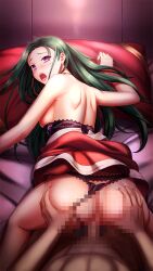 Rule 34 | 1boy, 1girl, ass grab, bed sheet, black panties, bra, bra pull, breasts, censored, clothes lift, clothes pull, clothing aside, doukyuusei another world, dress, dress lift, dress pull, earrings, game cg, green hair, hetero, indoors, jewelry, kakyuusei, large breasts, long hair, looking at viewer, looking back, mitsuki shizuka, mosaic censoring, open mouth, panties, panties aside, penis, pillow, pov, red dress, red eyes, sex, short dress, shoulder blades, sideboob, solo focus, straight hair, underwear, very long hair