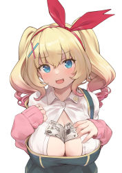 Rule 34 | 1girl, :d, banknote, between breasts, blonde hair, blue eyes, blush, breasts, cleavage cutout, clothing cutout, curly hair, dollar bill, fang, furrowed brow, hands on own chest, highres, kani biimu (vtuber), large breasts, long hair, long sleeves, looking at viewer, money, open clothes, open mouth, open shirt, original, partially unbuttoned, rebutsu, shirt, sidelocks, sleeves past wrists, smile, twintails, upper body, virtual youtuber, white shirt