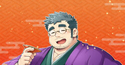 Rule 34 | 1boy, bara, beard, black hair, blush, chest hair, chinese zodiac, choko (cup), closed eyes, crave saga, cup, dragon, facial hair, fat, fat man, glasses, green kimono, grey hair, grin, hakama, hakama pants, haori, holding, holding cup, japanese clothes, jeron (crave saga), kimono, long sideburns, looking at viewer, male focus, muscular, muscular male, new year, official alternate costume, open mouth, paid reward available, pants, pectoral cleavage, pectorals, round eyewear, short hair, sideburns, sideburns stubble, smile, solo, sparse chest hair, stubble, suv (suv032), textless version, thick beard, thick eyebrows, translation request