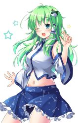Rule 34 | 1girl, ;d, ahoge, aka tawashi, bare shoulders, blue skirt, blush, breasts, commentary request, cowboy shot, crop top, detached sleeves, frog hair ornament, green eyes, green hair, groin, hair ornament, hair tubes, hand up, highres, kochiya sanae, large breasts, long hair, long sleeves, looking at viewer, midriff, miniskirt, navel, one eye closed, open mouth, petticoat, shirt, simple background, single sidelock, skirt, smile, snake hair ornament, solo, standing, star (symbol), stomach, thighs, touhou, white background, white shirt, wide sleeves, wing collar
