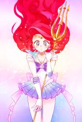 Rule 34 | 1girl, ariel (disney), bishoujo senshi sailor moon, blue eyes, blue skirt, breasts, choker, circlet, cleavage, cosplay, disney, earrings, elbow gloves, gloves, highres, humanization, jewelry, lipstick, long hair, makeup, miniskirt, parody, pink lips, pleated skirt, polearm, red hair, ribbon, sailor collar, sailor senshi, sailor senshi (cosplay), shell, shell earrings, shira (busi), skirt, small breasts, solo, star (symbol), style parody, the little mermaid, trident, underwater, unofficial sailor senshi uniform, weapon, white gloves