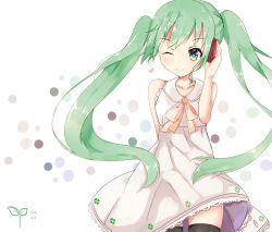 Rule 34 | 10s, 1girl, 2015, absurdres, bustling, dated, dress, green eyes, green hair, hatsune miku, highres, long hair, matching hair/eyes, one eye closed, smile, solo, thighhighs, twintails, very long hair, vocaloid