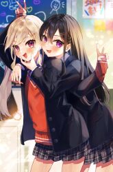 Rule 34 | 2girls, bag, black hair, blazer, blush, bow, bowtie, braid, cabinet, chalkboard, classroom, collared shirt, fang, graffiti, grey hair, hair between eyes, hair ornament, hairclip, hand on another&#039;s face, hand on another&#039;s shoulder, ichinose uruha, jacket, kokkovvv, komori met, leaning on person, lens flare, long hair, long sleeves, looking at viewer, lupinus virtual games, matching outfits, multiple girls, open clothes, open jacket, plaid, plaid skirt, playing, pleated skirt, purple eyes, red sweater, school bag, school uniform, shirt, side ponytail, sidelocks, skirt, sleeves past wrists, smile, standing, striped bow, striped bowtie, striped clothes, sunlight, sweater, swept bangs, v, virtual youtuber, vspo!, white shirt