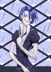 Rule 34 | 1other, androgynous, blue eyes, blue hair, blue zoisite (houseki no kuni), colored eyelashes, colored skin, crystal hair, frown, gem uniform (houseki no kuni), hanekuzu, highres, houseki no kuni, looking at viewer, necktie, open collar, rain, short hair, solo, upper body, wet, wet clothes, wet hair, white skin, window