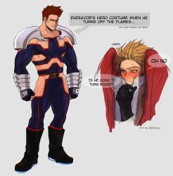 Rule 34 | 2boys, abs cutout, armor, bara, blonde hair, blue bodysuit, blue eyes, blush, bodysuit, boku no hero academia, bulge, clothing cutout, collarbone, couple, endeavor (boku no hero academia), english text, facial hair, feathered wings, full body, hawks (boku no hero academia), highres, hip vent, keva (liltkeva), large pectorals, male focus, mature male, multiple boys, muscular, muscular male, pauldrons, pectorals, red hair, red wings, scar, scar across eye, scar on face, short hair, shoulder armor, sideburns, sidepec, spiked hair, stomach cutout, stubble, thick thighs, thighs, wings, yaoi