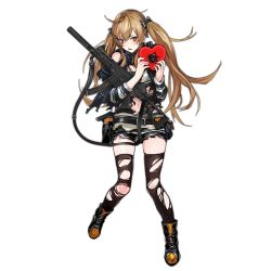 Rule 34 | 1girl, ahoge, black footwear, black shorts, black thighhighs, boots, box, brown hair, damaged, full body, gift, girls&#039; frontline, gun, h&amp;k ump, hands up, heart-shaped box, heckler &amp; koch, holding, holding gift, infukun, long hair, looking at viewer, official alternate costume, official art, open mouth, red eyes, short shorts, shorts, sidelocks, solo, standing, striped clothes, striped sweater, submachine gun, sweater, teeth, thighhighs, torn clothes, torn shorts, torn thighhighs, transparent background, twintails, ump9 (&quot;am i late?&quot;) (girls&#039; frontline), ump9 (girls&#039; frontline), valentine, weapon