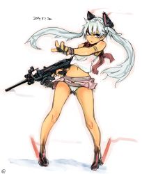 Rule 34 | 1girl, fingerless gloves, gloves, gun, hair ornament, highres, long hair, looking at viewer, midriff, navel, original, panties, scarf, sigama, silver hair, simple background, skirt, solo, twintails, underwear, weapon, white background