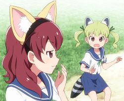 Rule 34 | 2girls, animal ear fluff, animal ears, black hairband, blue sailor collar, blue skirt, blurry, blurry background, blush, brown eyes, brown hair, closed mouth, commentary request, common raccoon (kemono friends), day, depth of field, fake animal ears, fennec (kemono friends), fox ears, green hair, green ribbon, hair ribbon, hairband, hand up, ibe sayuri, kemono friends, koisuru asteroid, long hair, multiple girls, neck ribbon, open mouth, outdoors, pleated skirt, profile, raccoon ears, raccoon tail, ribbon, sailor collar, school uniform, serafuku, shirosato, shirt, short sleeves, skirt, smile, striped tail, sweat, tail, twintails, usami ayano, white shirt