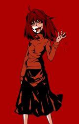 Rule 34 | 00s, 1girl, arcueid brunestud, bad id, bad pixiv id, blood, helping-hand, long skirt, monochrome, red background, red theme, skirt, solo, sweater, sycamore, tongue, tsukihime, red arcueid
