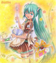 Rule 34 | 1girl, ahoge, apron, artist name, bandaid, bandaid on arm, bandaid on hand, bowl, cooking, dishes, flower, gift, green eyes, green hair, hatsune miku, long hair, looking back, marker (medium), matching hair/eyes, mayo riyo, open mouth, sink, skirt, solo, spring onion, thighhighs, traditional media, twintails, very long hair, vocaloid, whisk