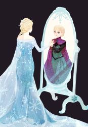 Rule 34 | 2girls, absurdres, black background, blonde hair, blue eyes, braid, cape, cause, dual persona, elsa (frozen), frozen (disney), hair up, highres, mirror, multiple girls, reflection, see-through, simple background, single braid, solo, sparkle, standing