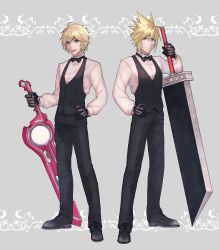 Rule 34 | 2boys, absurdres, blonde hair, blue eyes, buster sword, cloud strife, final fantasy, final fantasy vii, fist pump, formal, full body, gloves, hand on weapon, highres, looking at viewer, male focus, monado, multiple boys, nintendo, rei (teponea121), shulk (xenoblade), smile, spiked hair, square enix, suit, super smash bros., sword, weapon, xenoblade chronicles 1, xenoblade chronicles (series)