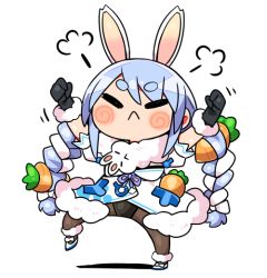 Rule 34 | 1girl, animal ears, arms up, black gloves, black leotard, blue hair, blush stickers, bow, braid, brown pantyhose, carrot hair ornament, chibi, closed eyes, closed mouth, detached sleeves, don-chan (usada pekora), dress, facing viewer, food-themed hair ornament, full body, fur-trimmed dress, fur-trimmed gloves, fur trim, gloves, hair bow, hair ornament, hololive, kanikama, leotard, long hair, multicolored hair, pantyhose, puffy short sleeves, puffy sleeves, rabbit ears, shadow, shoes, short eyebrows, short sleeves, solo, standing, standing on one leg, thick eyebrows, twin braids, twintails, two-tone hair, usada pekora, usada pekora (1st costume), very long hair, virtual youtuber, white background, white bow, white dress, white footwear, white hair, white sleeves