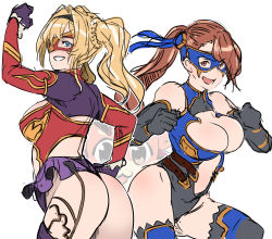 Rule 34 | &gt;:d, 10s, 2girls, :d, absurdres, adapted costume, artist name, ass, beatrix (granblue fantasy), black gloves, blonde hair, blue eyes, braid, breasts, brown eyes, brown hair, butcha-u, cleavage cutout, clothing cutout, domino mask, elbow gloves, flat ass, friends, gloves, granblue fantasy, hair intakes, hairband, hand on own hip, highres, large breasts, leotard, long hair, mask, medium breasts, multiple girls, open mouth, outline, simple background, sketch, smile, thighhighs, twin braids, twintails, v-shaped eyebrows, vyrn (granblue fantasy), white background, wrestling outfit, zeta (granblue fantasy)