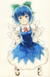 Rule 34 | 1girl, bad id, bad pixiv id, blue eyes, blue hair, cirno, hands on own hips, matching hair/eyes, nto (hir0sun), simple background, solo, touhou, touhou hisoutensoku, white background
