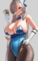 Rule 34 | 1girl, absurdres, asuna (blue archive), asuna (bunny) (blue archive), bad id, bad twitter id, bare shoulders, black pantyhose, blue archive, blue bow, blue bowtie, blue leotard, blush, bow, bowtie, breasts, card, cleavage, commentary, detached collar, elbow gloves, gloves, grey background, grin, hair ornament, hair over one eye, hairband, highleg, highleg leotard, highres, holding, holding card, huge breasts, large breasts, leotard, looking at viewer, mole, mole on breast, onedoo, pantyhose, parted lips, playboy bunny, playing card, shiny skin, sideboob, simple background, smile, symbol-only commentary, teeth, torn clothes, torn pantyhose, white gloves, white hairband