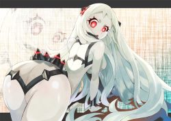 Rule 34 | 10s, 1girl, abyssal ship, airfield princess, arched back, ass, bare shoulders, breasts, colored skin, hokuto (hokuto pk), horns, kantai collection, leaning forward, leotard, long hair, looking back, open mouth, red eyes, shiny skin, solo, very long hair, white hair, white skin