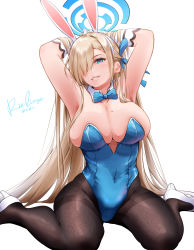 Rule 34 | 1girl, absurdres, animal ears, aqua leotard, arms behind head, arms up, asuna (blue archive), asuna (bunny) (blue archive), black pantyhose, blue archive, blue bow, blue bowtie, blue eyes, blue leotard, bow, bowtie, breasts, detached collar, fake animal ears, gloves, hair over one eye, hairband, halo, high heels, highleg, highleg leotard, highres, leotard, light brown hair, lingerie (aki3240), mole, mole on breast, pantyhose, playboy bunny, rabbit ears, sitting, solo, strapless, strapless leotard, swept bangs, thighband pantyhose, traditional bowtie, wariza, white footwear, white gloves, white hairband