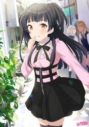 Rule 34 | 1girl, 3girls, azuma kei, black hair, black ribbon, black thighhighs, blonde hair, blunt bangs, blurry, blurry background, blush, breasts, brown eyes, brown hair, commentary request, flower, hand to own mouth, highres, idolmaster, idolmaster shiny colors, long hair, looking at viewer, mayuzumi fuyuko, multiple girls, navel, pleated skirt, ribbon, skirt, smile, solo focus, thighhighs, translation request, two side up