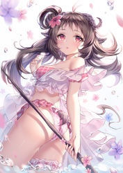 Rule 34 | 1girl, absurdres, antenna hair, arknights, ass, bare shoulders, bikini, breasts, bridal garter, eyjafjalla (arknights), eyjafjalla (summer flower) (arknights), flower, frilled bikini, frills, from behind, hair flower, hair ornament, highres, holding, holding staff, horns, long hair, looking at viewer, looking back, off-shoulder bikini, off shoulder, official alternate costume, one side up, pink bikini, pink eyes, sannio, sheep horns, small breasts, solo, staff, swimsuit, thighs, twisted torso