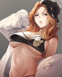 Rule 34 | 1girl, bad id, bad twitter id, bare shoulders, black hat, bleach, blonde hair, blush, breasts, cleavage, collarbone, commentary, grey background, grey eyes, hat, highres, jacket, large breasts, long hair, looking at viewer, matsumoto rangiku, mole, mole under mouth, navel, off shoulder, open clothes, open jacket, parted lips, sola (solo0730), solo, sweat, white jacket