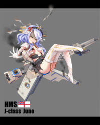 Rule 34 | 1girl, anger vein, blue hair, burnt clothes, covering privates, covering breasts, damaged, emblem, gloves, headgear, highres, hms juno (zhan jian shao nyu), juno (warship girls r), machinery, official art, pleated skirt, remodel (warship girls r), royal navy, shaded face, shirt, sirills, skirt, solo, thighhighs, torn clothes, torn thighhighs, torpedo, warship girls r