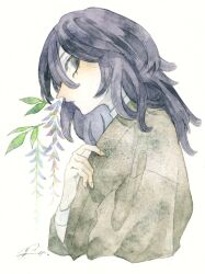 Rule 34 | 1boy, black eyes, cropped torso, flower, from side, hair between eyes, hand up, highres, japanese clothes, kimono, kz m i, leaf, long hair, long sleeves, looking at viewer, male focus, original, painting (medium), profile, purple hair, signature, simple background, solo, traditional media, upper body, watercolor (medium), white background