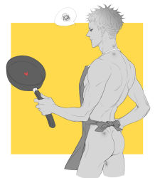 Rule 34 | 19 tian, apron, ass, back, bad id, bad pixiv id, bare arms, bare back, bare shoulders, bruise, character request, closed mouth, commentary request, cowboy shot, cropped legs, earrings, expressionless, from behind, frying pan, half-closed eye, hand on own hip, heart, highres, holding, injury, jewelry, male focus, naked apron, partially colored, profile, ribbon, rororei, shoulder blades, simple background, speech bubble, spoken squiggle, squiggle, standing, stud earrings, thighs, uneven eyes, yellow background