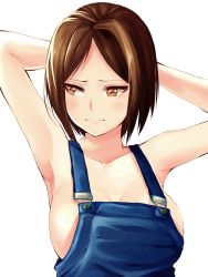 Rule 34 | 1girl, 3:, armpits, arms behind head, arms up, bad id, bad pixiv id, blush, breasts, brown eyes, brown hair, cleavage, collarbone, facing viewer, large breasts, looking away, looking to the side, miura kazuki, naked overalls, no bra, original, overalls, pursed lips, short hair, simple background, solo, upper body, white background