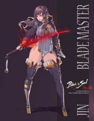 Rule 34 | 10s, 1girl, blade &amp; soul, breasts, brown hair, fantasy, flaming sword, flaming weapon, high heels, hyulla, impossible clothes, impossible shirt, katana, large breasts, lipstick, long hair, makeup, original, panties, shirt, shoes, side-tie panties, simple background, solo, sword, thighhighs, thighs, underwear, watermark, weapon