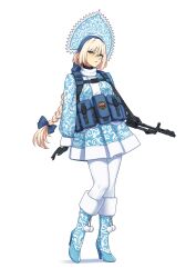 Rule 34 | 1girl, absurdres, an-94, an-94 (girls&#039; frontline), assault rifle, blonde hair, blue footwear, blue hat, blue skirt, boots, bow, braid, contrapposto, dress, fur-trimmed boots, fur trim, girls&#039; frontline, gun, hair bow, hat, high heel boots, high heels, highres, j adsen, load bearing vest, long hair, looking at viewer, pantyhose, parted lips, pom pom (clothes), pouch, rifle, short dress, simple background, skirt, snegurochka (mythology), solo, transparent background, weapon, white pantyhose