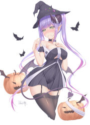 Rule 34 | 1girl, absurdres, alternate breast size, bare shoulders, bat wings, bibi (tokoyami towa), black dress, black hat, black thighhighs, blush, breasts, center frills, choker, clothing cutout, contrapposto, cropped legs, curled horns, demon girl, demon horns, demon tail, dress, ear piercing, embarrassed, frills, garter straps, green eyes, hair in own mouth, hair ornament, hairclip, halloween, hat, highres, hololive, horn piercing, horns, jack-o&#039;-lantern, large breasts, looking at viewer, low wings, mini hat, multicolored hair, narrow waist, o-ring, o-ring choker, piercing, pointy ears, purple hair, short dress, sidelocks, skin tight, solo, spaghetti strap, strap pull, streaked hair, tail, thighhighs, tokoyami towa, tr24, twintails, underboob cutout, undressing, virtual youtuber, wide hips, wings, witch hat