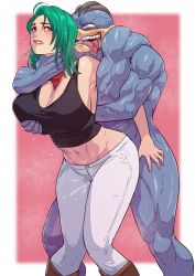 Rule 34 | grabbing another&#039;s breast, breasts, choke hold, cirenk, creatures (company), game freak, gen 1 pokemon, grabbing, green hair, highres, interspecies, large breasts, machamp, midriff, nintendo, original, pokemon, pokephilia, rape, second-party source, strangling, tank top