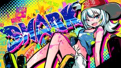 Rule 34 | 1girl, absurdres, alternate costume, bandaid, bandaid on face, berryverrine, blue eyes, blue hair, blue tank top, clothes writing, gawr gura, graffiti, hat, highres, hololive, hololive english, long hair, multicolored hair, one side up, open mouth, paint on body, paint on clothes, paint splatter, paint splatter on face, red hat, sharp teeth, shorts, solo, spray can, streaked hair, tank top, teeth, virtual youtuber, white hair, white shorts