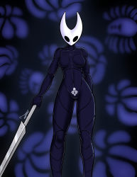 Rule 34 | 1girl, armor, arthropod girl, breasts, bug, highres, hollow knight, hornet (hollow knight), jamesthespectr1, mask, midriff, plate armor, polearm, pubic tattoo, small breasts, spear, tattoo, thighs, weapon