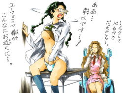 Rule 34 | 00s, 2girls, black hair, blouse, bottomless, bow, bow panties, braid, breast slip, breasts, brown hair, brown shirt, closed eyes, clothes lift, code geass, crotch rub, dress, female masturbation, fingering, glasses, hand in panties, kneehighs, large breasts, long hair, masturbation, multiple girls, necktie, nina einstein, nipples, no bra, no pants, non-web source, nunnally vi britannia, one breast out, open mouth, panties, photo (object), pinafore dress, shirt, shirt lift, sitting, sleeveless, sleeveless dress, socks, table, table humping, translated, twin braids, underwear, wheelchair, white shirt, yuri