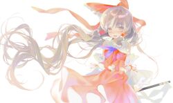 Rule 34 | 1girl, absurdres, bare shoulders, bow, brown eyes, brown hair, detached sleeves, gohei, hair bow, hakurei reimu, highres, japanese clothes, long hair, nontraditional miko, open mouth, red bow, red skirt, ribbon-trimmed sleeves, ribbon trim, simple background, skirt, smile, solo, touhou, white background, white sleeves, wide sleeves, xinjinjumin