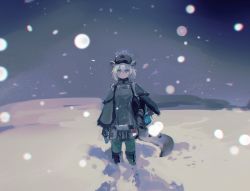 Rule 34 | 1girl, a (phrase), animal ears, blue archive, boots, cape, closed mouth, coat, gloves, hair between eyes, halo, hat, highres, kyuuri (miyako), long sleeves, looking at viewer, military, military uniform, outdoors, pants, purple eyes, shigure (blue archive), short hair, snow, snowing, solo, standing, tail, thigh boots, thighhighs, uniform, white hair