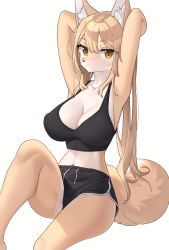 Rule 34 | 1girl, animal ears, animal nose, black bra, black shorts, blonde hair, blush, body fur, bra, breasts, cleavage, closed mouth, etivka, fox girl, furry, furry female, highres, large breasts, long hair, looking at viewer, navel, original, shorts, simple background, sitting, snout, solo, sports bra, tail, two-tone fur, underwear, white background, white fur, yellow eyes, yellow fur
