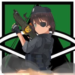 Rule 34 | 1girl, absurdres, belt, beret, black belt, black gloves, black jacket, black pants, body armor, brown hair, capitao (rainbow six siege), capitao (rainbow six siege) (cosplay), closed mouth, commentary request, cosplay, dark-skinned female, dark skin, dust cloud, emblem, eyepatch, fingerless gloves, from side, frown, girls und panzer, gloves, green eyes, gun, hat, highres, holding, holding gun, holding weapon, hoshino (girls und panzer), jacket, jpeg artifacts, kshimu, looking at viewer, military hat, pants, short hair, sleeves rolled up, solo, standing, tactical clothes, trigger discipline, upper body, utility belt, weapon, weapon request