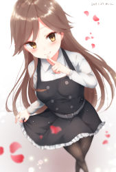 Rule 34 | 10s, 1girl, 2017, arashio (kancolle), arashio kai ni (kancolle), artist name, bad perspective, belt, belt buckle, black belt, blush, breasts, brown hair, buckle, cherry blossoms, clothes lift, collared shirt, dated, dress, dress lift, finger to mouth, from above, highres, kantai collection, long hair, long sleeves, looking at viewer, pantyhose, pinafore dress, sakiryo kanna, shirt, sleeveless, sleeveless dress, smile, solo, white shirt