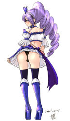Rule 34 | 00s, 1girl, aono miki, ass, back, black panties, blue footwear, blue skirt, blush, boots, cure berry, drill hair, earrings, eyelashes, fresh precure!, from behind, hair ornament, heart hair ornament, high heels, highres, jewelry, knee boots, legs, lingerie, long hair, looking back, magical girl, panties, precure, skirt, solo, standing, teruchan, thighhighs, underwear, upskirt