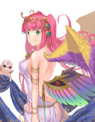 Rule 34 | 1girl, armlet, ass, back, bare shoulders, bracelet, cherub, dress, feathered wings, green eyes, hair ornament, heart, heart hair ornament, jewelry, jyon, long hair, low wings, multiple wings, pink hair, puzzle &amp; dragons, shell, simple background, smile, solo, tiara, two side up, venus (p&amp;d), white background, white dress, wings