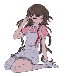 1girl alternate_breast_size apron arm_support bandaged_leg bandages bandaid bandaid_on_knee bandaid_on_leg blush breasts brown_hair collared_shirt danganronpa_(series) danganronpa_2:_goodbye_despair grey_apron half-closed_eyes hand_up highres looking_at_viewer miniskirt mole mole_under_eye pink_shirt pleated_skirt puffy_short_sleeves puffy_sleeves seiza sg_(sallgam) shirt shoes short_sleeves sitting skirt small_breasts smile socks solo tsumiki_mikan white_shirt