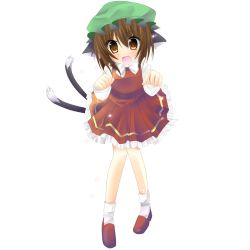 Rule 34 | 1girl, animal ears, bad id, bad pixiv id, brown eyes, brown hair, cat ears, cat tail, chen, fang, highres, hisame (nekousatan), multiple tails, nekomata, paw pose, solo, tail, touhou, transparent background, two tails, white background